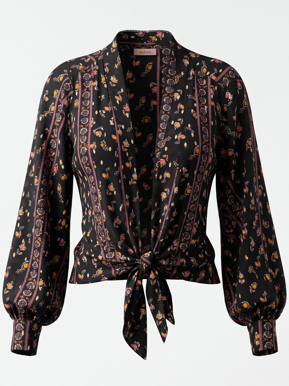 Black Floral Tie-Front Blouse with Long Sleeves